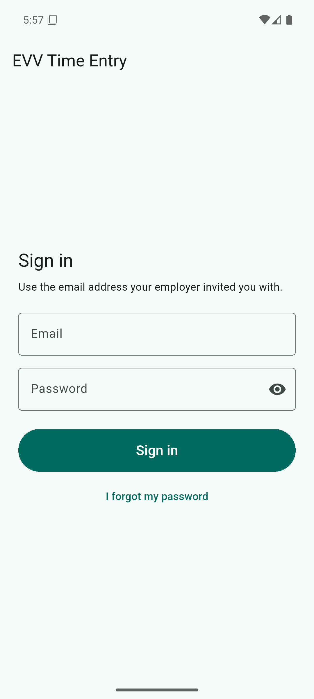 The EVV Time Entry sign-in screen showing email and password fields with a show-password control and a forgot-password link.